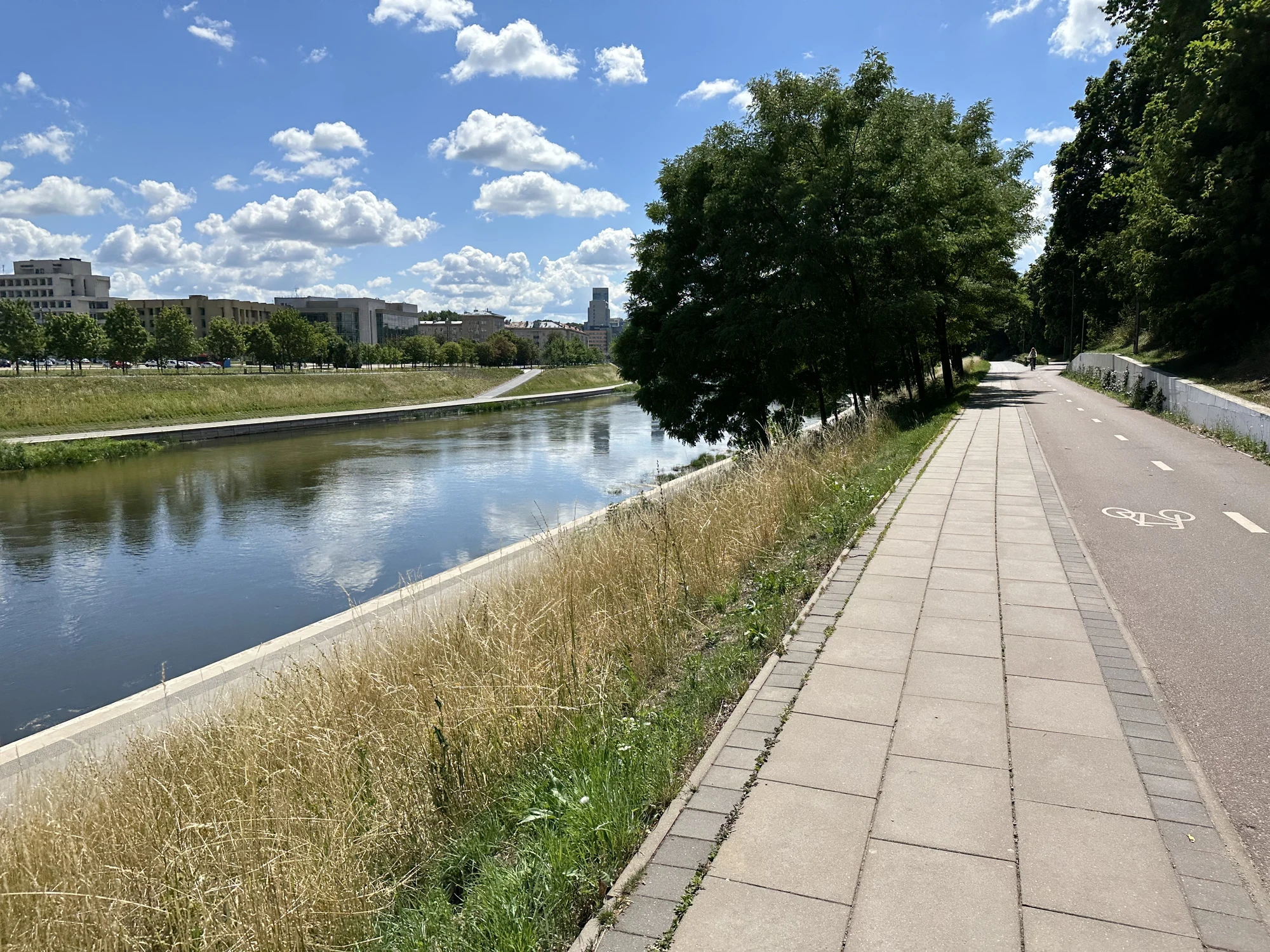 A paved pedestrian walkway and asphalt bicycle path run alongside the Neris River in Vilnius, Lithuania, under a blue sky with fluffy white clouds.