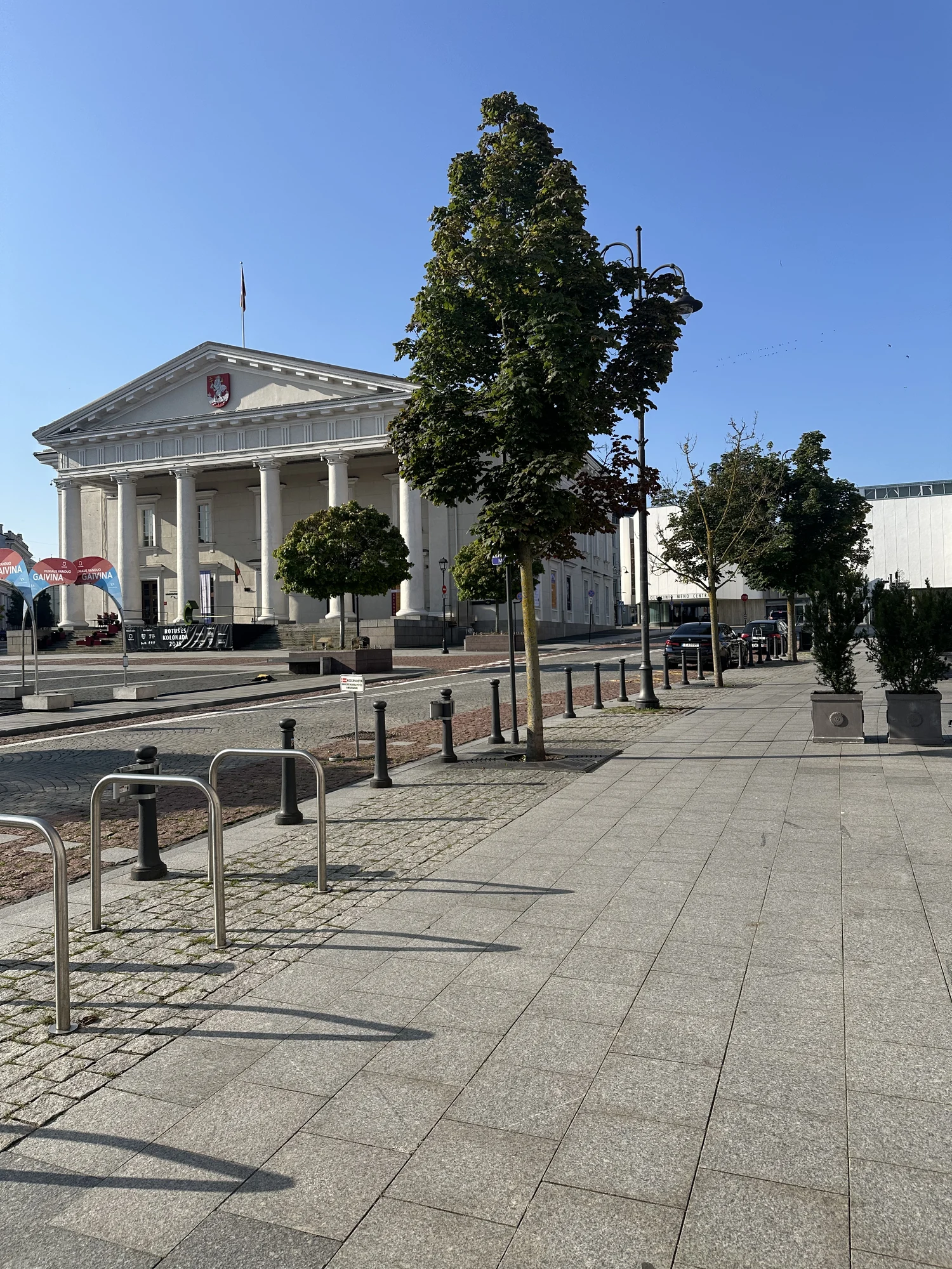 A view of the neoclassical Vilnius Town Hall building from across a paved pedestrian square with young trees and bicycle racks in the foreground under a clear blue sky.