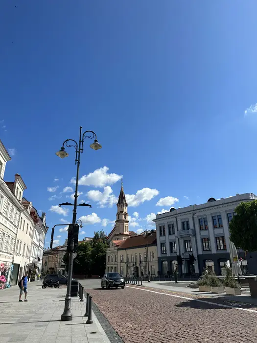 A sunny day view of Didžioji Street in Vilnius Old Town, featuring historic buildings, a cobblestone road, an ornate street lamp, and the spire of the Orthodox Church of St. Nicholas in the background.