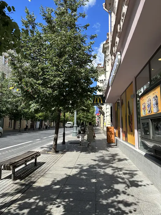 A sunny sidewalk on Gediminas Avenue in Vilnius, with tree shadows cast on the pavement, people walking, and a McDonald's restaurant on the right.