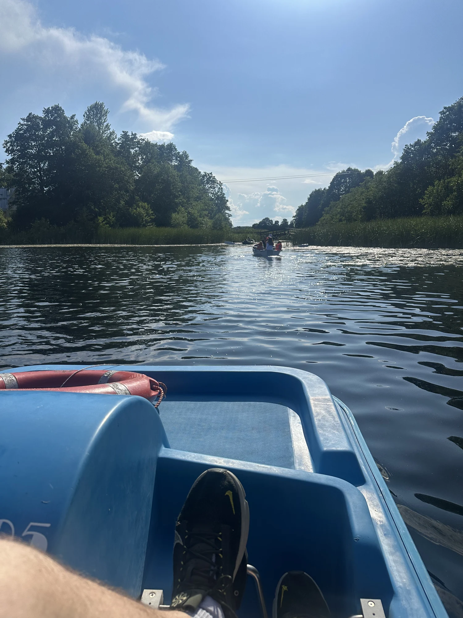 First-person perspective from a blue pedal boat floating on a calm river surrounded by dense green trees under a bright blue sky.