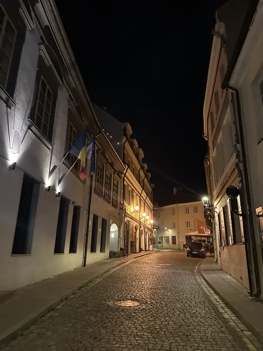 A narrow cobblestone street in Vilnius Old Town at night, lined with historic buildings under a dark sky, illuminated by warm street lamps.
